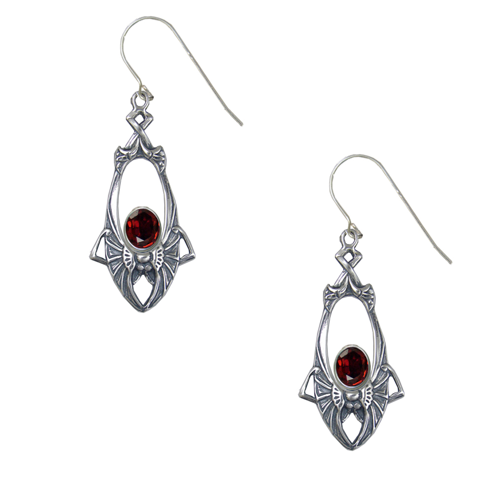 Sterling Silver Art Deco Drop Dangle Earrings With Faceted Garnet